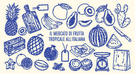 Tropical Fruit Market Icon Set. A blue grunge vector illustration of exotic and Italian fruits. A hand drawn doodle clipart of a pineapple, mango, and watermelon for a grocery store design.