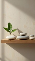 Minimalist Zen Stone and Leaf Still Life on Wooden Platform with Soft Natural Shadows