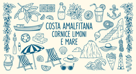 Amalfi Coast Icon Set. A blue line art vector illustration of an Italian summer vacation. A hand drawn doodle clipart of lemons, a beach, and the sea for a travel and holiday design. © MH HASIB