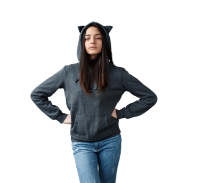 Woman in Cat Ear Hoodie with Sassy Expression
