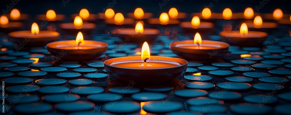 Poster glowing diwali candles arranged in a symmetrical pattern on a dark backdrop