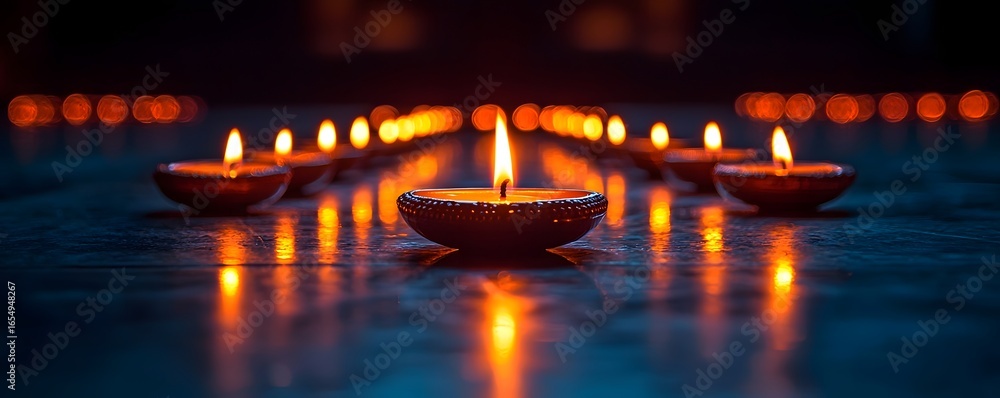 Poster diwali candles arranged in a symmetrical pattern on a dark moody backdrop