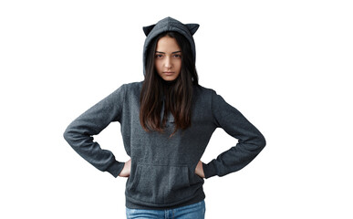 Moody Young Woman in Cat Ear Hoodie on Transparent Background