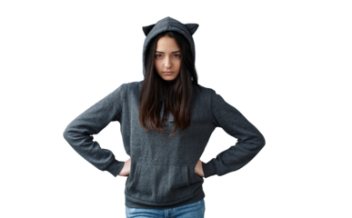 Moody Young Woman in Cat Ear Hoodie on Transparent Background