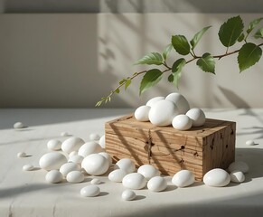 Minimalist Zen Stone and Leaf Still Life on Wooden Platform with Soft Natural Shadows