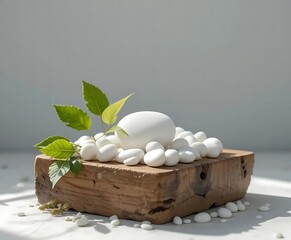 Minimalist Zen Stone and Leaf Still Life on Wooden Platform with Soft Natural Shadows