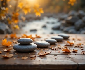 Minimalist Zen Stone and Leaf Still Life on Wooden Platform with Soft Natural Shadows