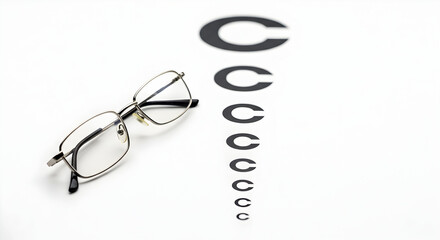 Eyeglasses on Eye Chart Perfect Vision Metal Frame Spectacles Clear Lenses Optician Optometrist Eye Care Optical Shop Glasses Fashion Accessory Eye Exam
