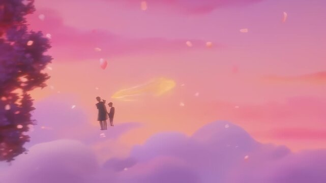 Dreamy Animated Scene: Golden Arrow, Romantic Sky and Cloudscape, Couple Silhouette at Sunset Time