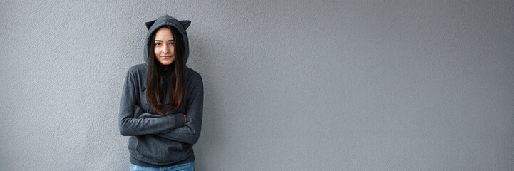 Woman in Cat Hoodie Wide Banner with Copy Space