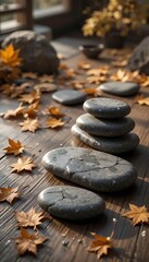 Minimalist Zen Stone and Leaf Still Life on Wooden Platform with Soft Natural Shadows