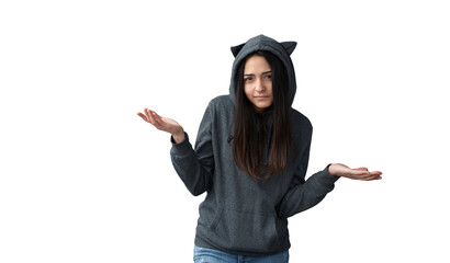 Confused Young Woman in Cat Hoodie