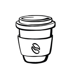 Coffee cup with cupholder and lid vector line monochrome
