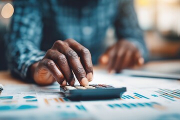 Fototapeta premium Close-up of hands using calculator over financial documents