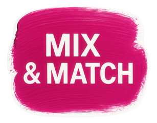 Vibrant pink tag sticker with MIX & MATCH offer in bold, eye-catching lettering, striking retail promotion on transparent background.