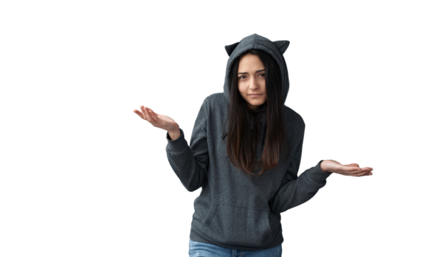 Confused Young Woman in Cat Hoodie