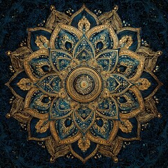 Fototapeta premium Eye-catching photo of intricate Gold Mandala Pattern on Dark Blue Background.