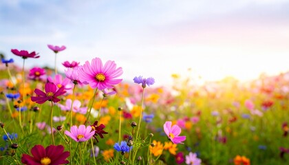 Fototapeta premium Vibrant wildflowers covering a meadow in spring, saturated colors glowing against a soft cloudy sky, crisp natural textures in sharp detail.