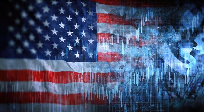 American flag overlaid with financial data