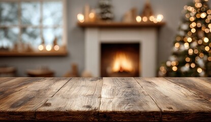 Rustic wooden table top, blurred Christmas living room background