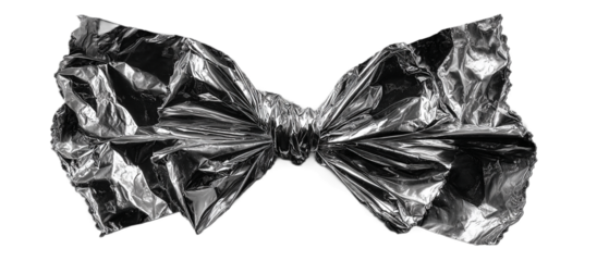 Shiny silver foil bow decoration, isolated on transparent background