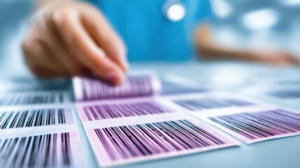 Closeup medium shot of a healthcare professional scanning barcodes on study drug packages surrounding room gently blurred to emphasize task.