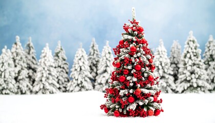 A festive Christmas tree stands proudly in a snowy forest scene, adorned with red ornaments and snow-dusted branches.