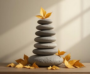 Minimalist Zen Stone and Leaf Still Life on Wooden Platform with Soft Natural Shadows