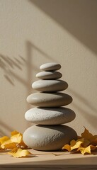 Minimalist Zen Stone and Leaf Still Life on Wooden Platform with Soft Natural Shadows