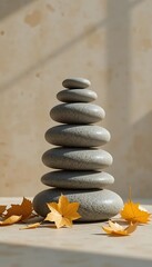 Minimalist Zen Stone and Leaf Still Life on Wooden Platform with Soft Natural Shadows