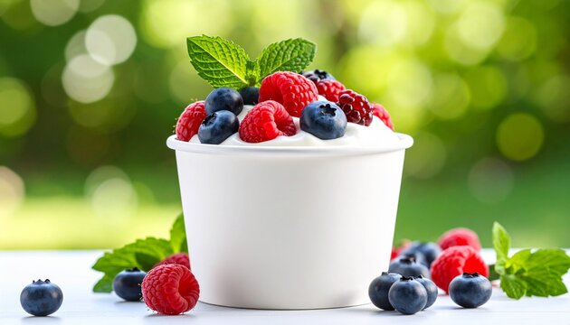 Yogurt in white cup topped with fresh berries and mint, vibrant and fresh composition