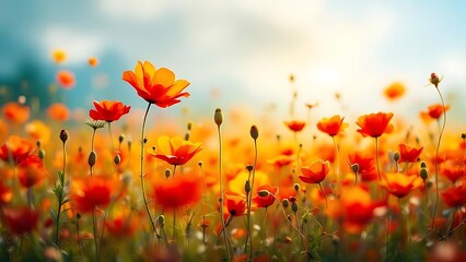 Obraz premium Fiery orange poppies swaying in sunlight yellow flowers