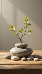 Minimalist Zen Stone and Leaf Still Life on Wooden Platform with Soft Natural Shadows