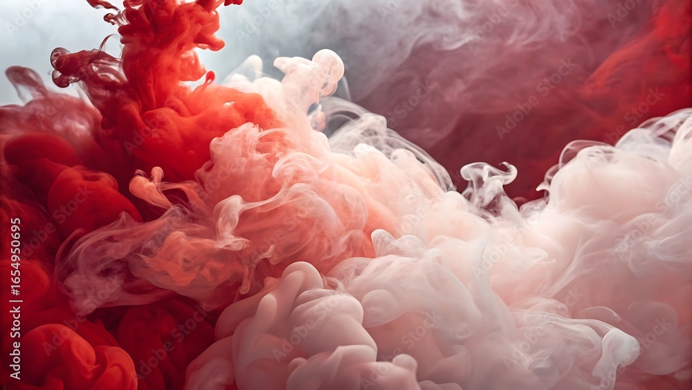 Poster abstract swirl of red and white colors forming cloud-like shapes, creating a dreamy and serene atmos
