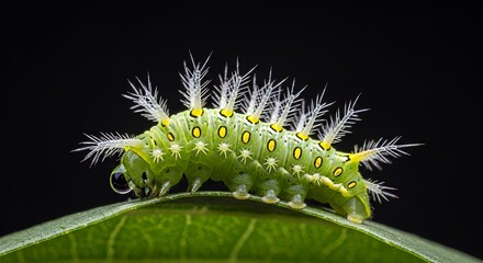Fototapeta premium CloseUp of a Vibrant Green Caterpillar with White Bristles Resting on a Leaf Against a Dark Background Macro Photography