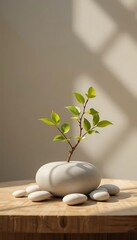 Minimalist Zen Stone and Leaf Still Life on Wooden Platform with Soft Natural Shadows