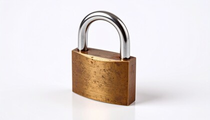 Fototapeta premium Brass padlock with silver shackle on plain white background, isolated and centered, focus on security and simplicity