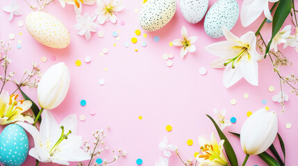 Easter eggs and flowers on a pink background. The festive concept of spring and celebration. The image emphasizes the vibrant colors and festive atmosphere.