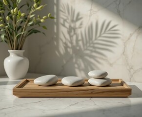 Minimalist Zen Stone and Leaf Still Life on Wooden Platform with Soft Natural Shadows