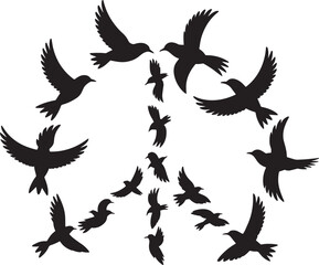 Birds in Flight Silhouette Circle Pattern on Transparent Background Vector Illustration
