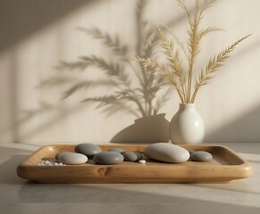 Minimalist Zen Stone and Leaf Still Life on Wooden Platform with Soft Natural Shadows