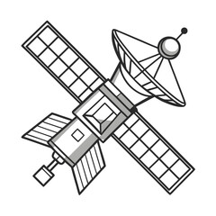 Isometric Satellite Illustration Depicting Advanced Technology for Space Communication and Solar Power Generation on a White Background