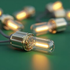 Close-up of glowing string lights on green surface, festive holiday illumination, warm ambient light, low angle studio shot