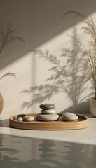 Minimalist Zen Stone and Leaf Still Life on Wooden Platform with Soft Natural Shadows