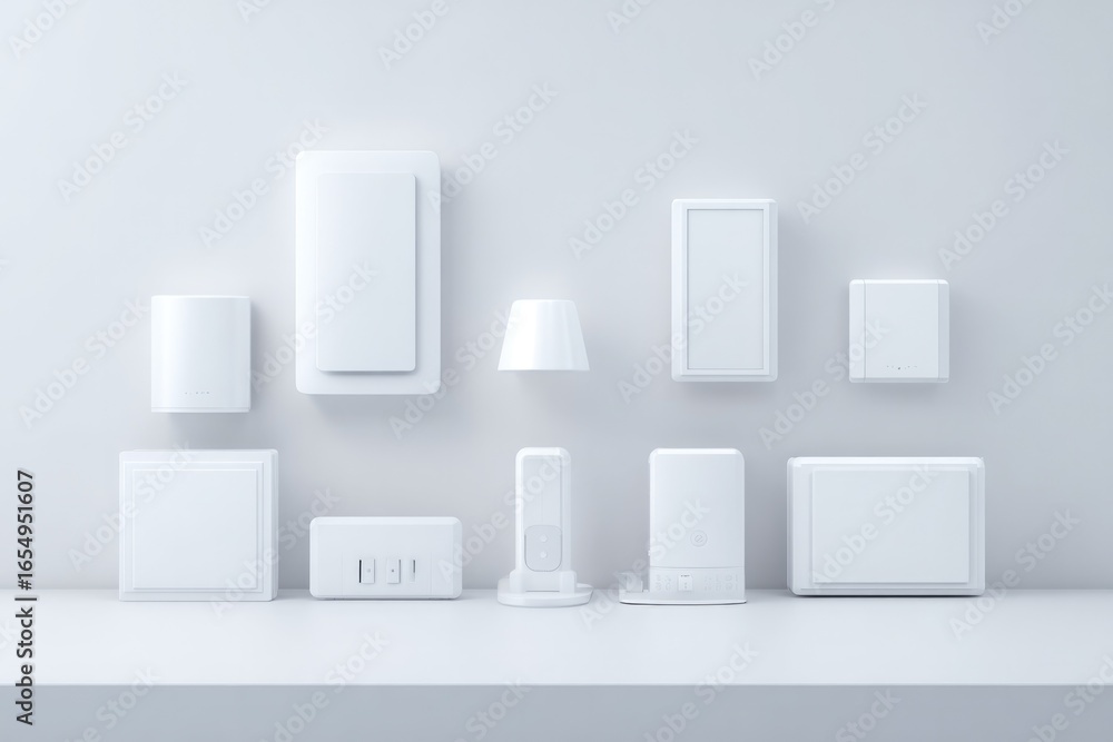 Poster minimalist display features various white objects arranged harmo