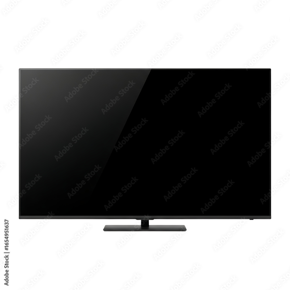 Poster modern flat screen television displaying a dark screen with subtle reflections on a stand transparen