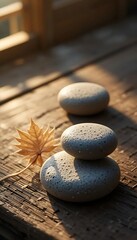 Minimalist Zen Stone and Leaf Still Life on Wooden Platform with Soft Natural Shadows