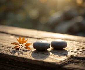 Minimalist Zen Stone and Leaf Still Life on Wooden Platform with Soft Natural Shadows