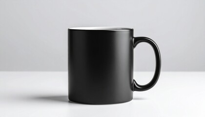 Black ceramic mug with handle on left side, placed on white surface with plain white background, minimal and modern