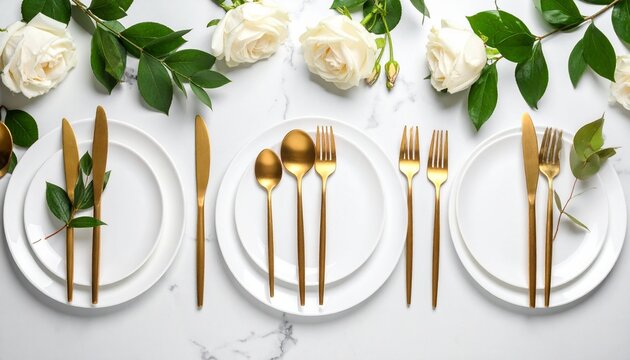 Elegant table setting with white plates, gold utensils, wine glasses, and white rose floral arrangement on white marble surface